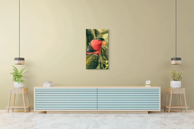 Tablou Canvas, "Papagalul în culori vii admirând natura", Pasăre, Colorată, Roșu, Negru, Cioc, Pene, Natură, Exotic, Privire, Detalii, 50 x 90 cm – poza 6