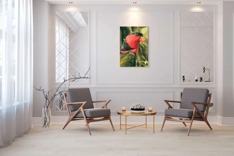 Tablou Canvas, "Papagalul în culori vii admirând natura", Pasăre, Colorată, Roșu, Negru, Cioc, Pene, Natură, Exotic, Privire, Detalii, 70 x 100 cm – poza 8