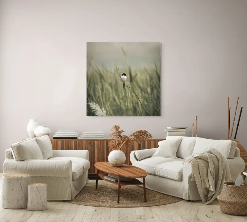 Tablou Canvas, "Pasărea singuratică în câmpul de iarbă", Pasăre, Luncă, Delicatețe, Natură, Măreție, Linie, Verde, Câmpie, Solitudine, Armonie, 100 x 100 cm – poza 3