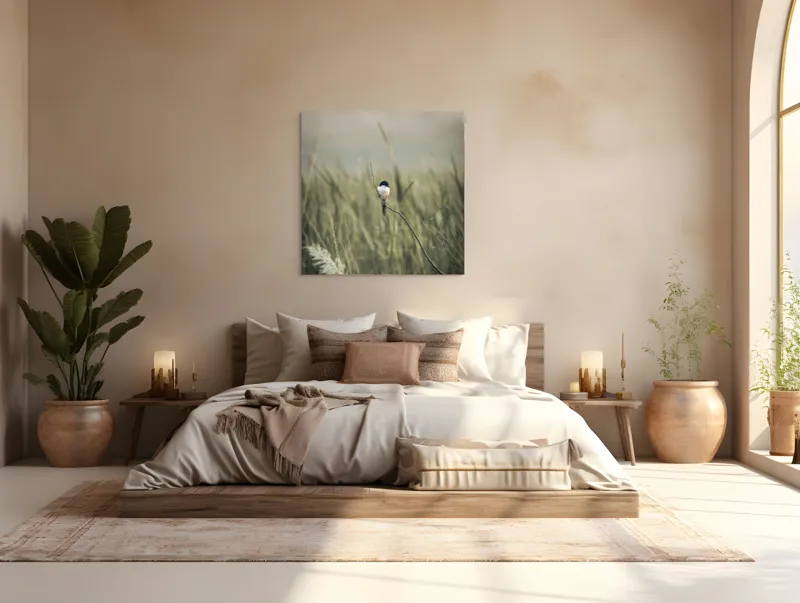 Tablou Canvas, "Pasărea singuratică în câmpul de iarbă", Pasăre, Luncă, Delicatețe, Natură, Măreție, Linie, Verde, Câmpie, Solitudine, Armonie, 100 x 100 cm – poza 4