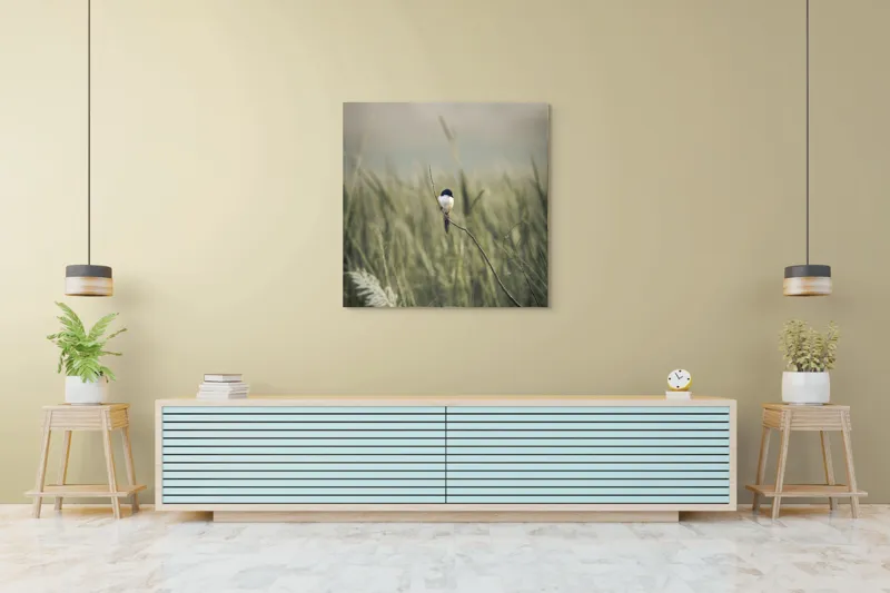 Tablou Canvas, "Pasărea singuratică în câmpul de iarbă", Pasăre, Luncă, Delicatețe, Natură, Măreție, Linie, Verde, Câmpie, Solitudine, Armonie, 100 x 100 cm – poza 5