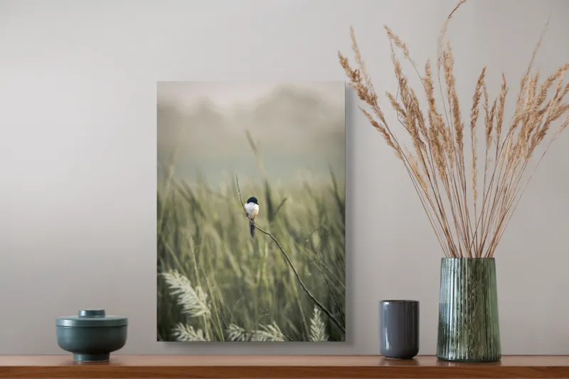 Tablou Canvas, "Pasărea singuratică în câmpul de iarbă", Pasăre, Luncă, Delicatețe, Natură, Măreție, Linie, Verde, Câmpie, Solitudine, Armonie, 39 x 54 cm – poza 3