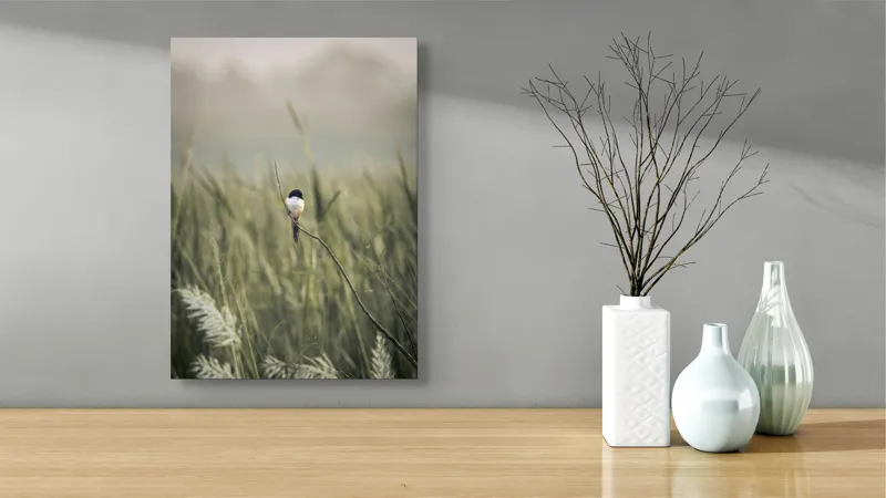 Tablou Canvas, "Pasărea singuratică în câmpul de iarbă", Pasăre, Luncă, Delicatețe, Natură, Măreție, Linie, Verde, Câmpie, Solitudine, Armonie, 39 x 54 cm – poza 4
