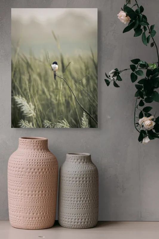Tablou Canvas, "Pasărea singuratică în câmpul de iarbă", Pasăre, Luncă, Delicatețe, Natură, Măreție, Linie, Verde, Câmpie, Solitudine, Armonie, 39 x 54 cm – poza 6