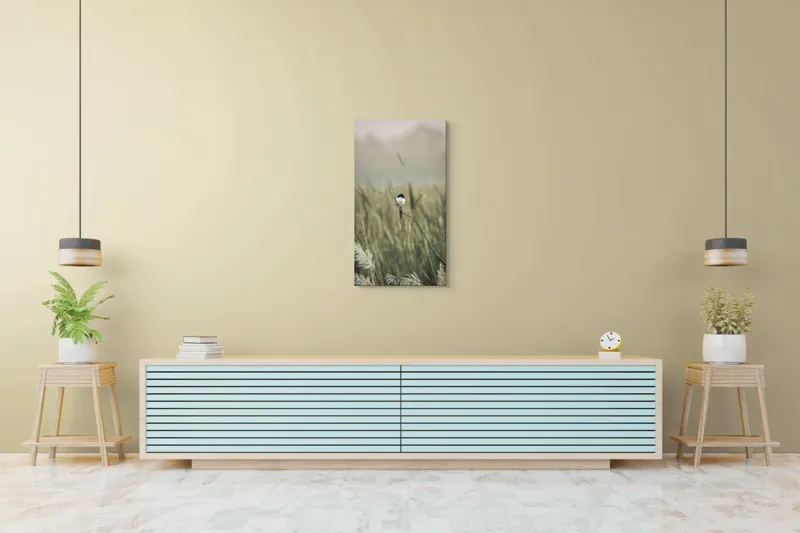 Tablou Canvas, "Pasărea singuratică în câmpul de iarbă", Pasăre, Luncă, Delicatețe, Natură, Măreție, Linie, Verde, Câmpie, Solitudine, Armonie, 50 x 90 cm – poza 6