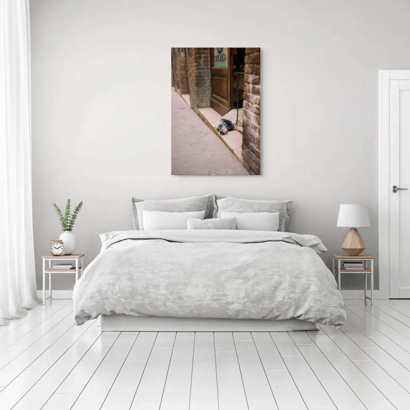 Tablou Canvas, "Câinele somnoros din pragul cafenelei", Câine, Odihnă, Trotuar, Ușă, Perete, Lesă, Leneș, Somn., 70 x 100 cm – poza 3