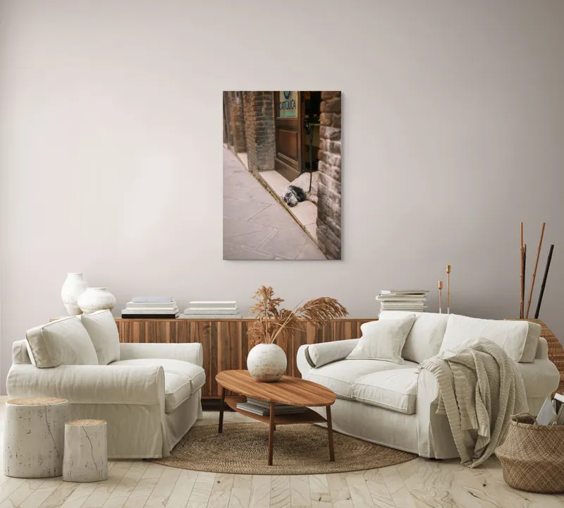 Tablou Canvas, "Câinele somnoros din pragul cafenelei", Câine, Odihnă, Trotuar, Ușă, Perete, Lesă, Leneș, Somn., 70 x 100 cm – poza 4