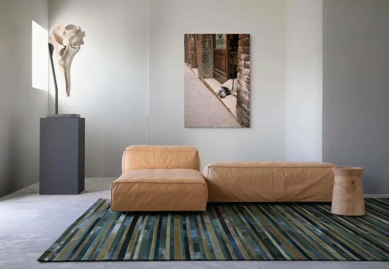 Tablou Canvas, "Câinele somnoros din pragul cafenelei", Câine, Odihnă, Trotuar, Ușă, Perete, Lesă, Leneș, Somn., 70 x 100 cm – poza 7