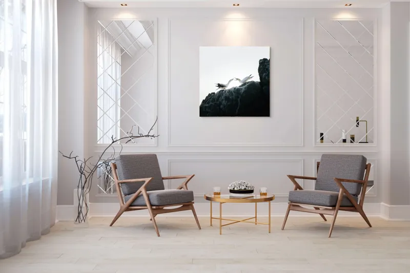 Tablou Canvas, "Dansul păsărilor pe stânci mărețe", Păsări, Stânci, Cer, Zbor, Lumină, Natură, Vedere, Frumusețe., 100 x 100 cm – poza 7