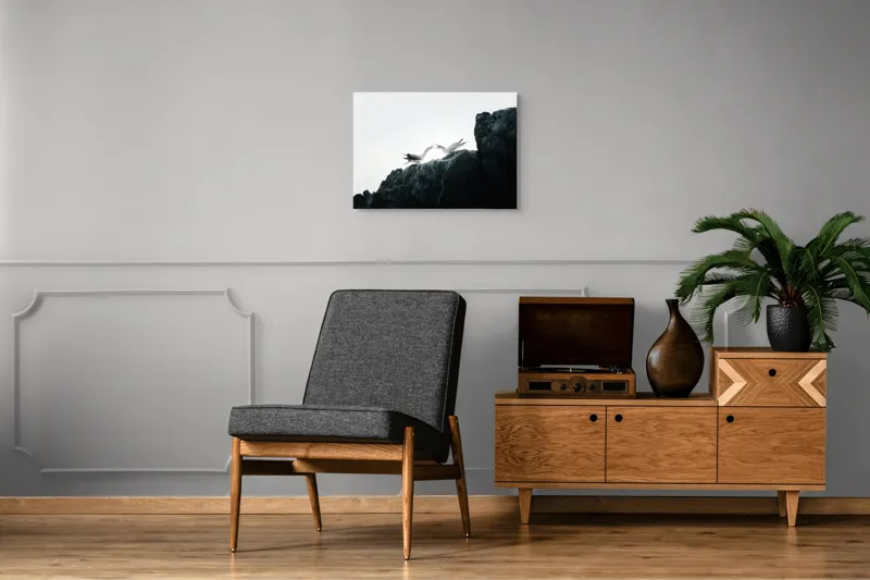 Tablou Canvas, "Dansul păsărilor pe stânci mărețe", Păsări, Stânci, Cer, Zbor, Lumină, Natură, Vedere, Frumusețe., 70 x 50 cm – poza 4