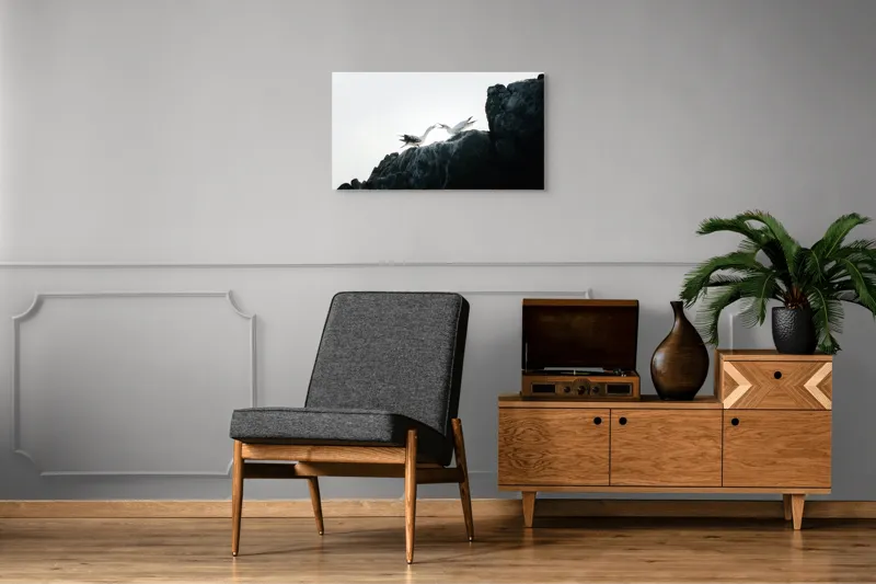 Tablou Canvas, "Dansul păsărilor pe stânci mărețe", Păsări, Stânci, Cer, Zbor, Lumină, Natură, Vedere, Frumusețe., 90 x 50 cm – poza 6