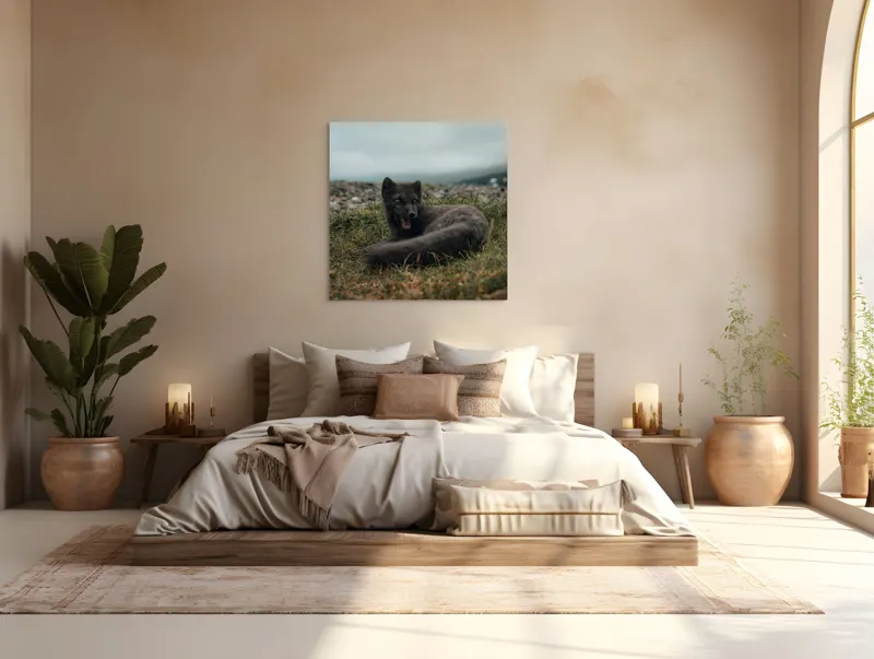 Tablou Canvas, "Vulpea arctică odihnindu-se pe pajiște", Vulpe, Nordic, Gri, Iarbă, Piatre, Cer, Noros, Expresivă, 100 x 100 cm – poza 4