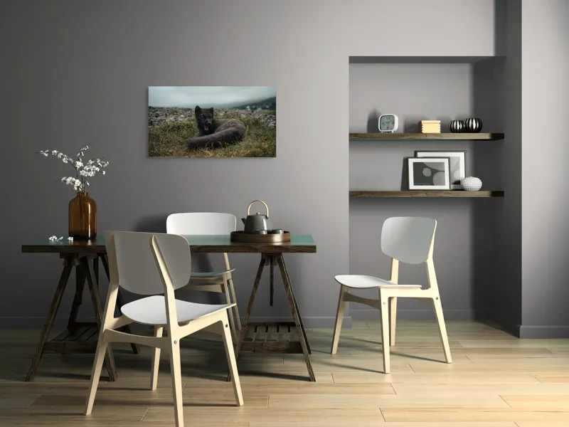 Tablou Canvas, "Vulpea arctică odihnindu-se pe pajiște", Vulpe, Nordic, Gri, Iarbă, Piatre, Cer, Noros, Expresivă, 90 x 50 cm – poza 3