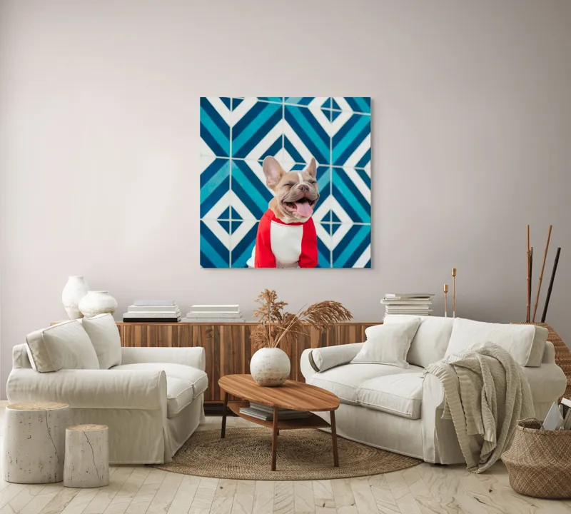 Tablou Canvas, "Căţel vesel în fața mozaicului albastru", Câine, Fericire, Bluza, Albastru, Model, Zâmbet, Fundal, Geometric, 100 x 100 cm – poza 3