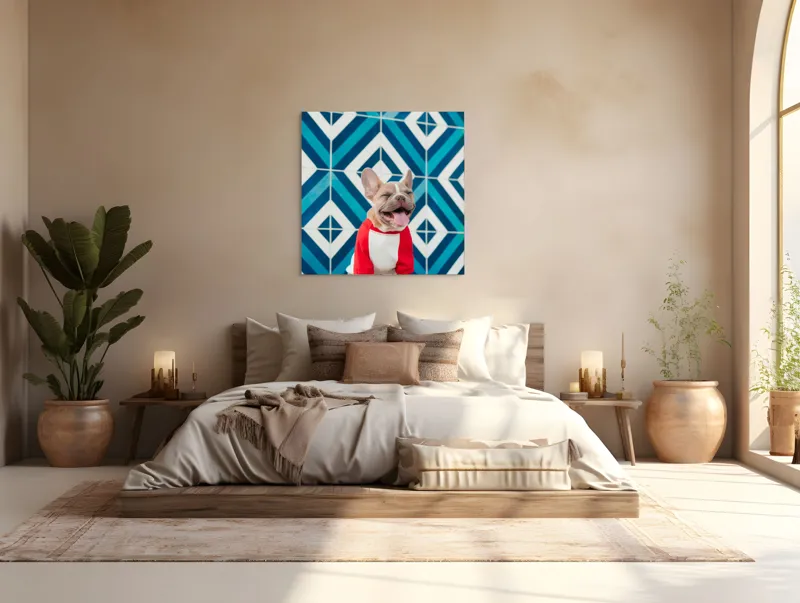 Tablou Canvas, "Căţel vesel în fața mozaicului albastru", Câine, Fericire, Bluza, Albastru, Model, Zâmbet, Fundal, Geometric, 100 x 100 cm – poza 4
