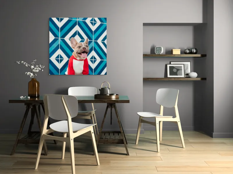 Tablou Canvas, "Căţel vesel în fața mozaicului albastru", Câine, Fericire, Bluza, Albastru, Model, Zâmbet, Fundal, Geometric, 100 x 100 cm – poza 6