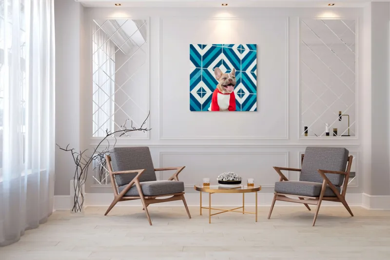Tablou Canvas, "Căţel vesel în fața mozaicului albastru", Câine, Fericire, Bluza, Albastru, Model, Zâmbet, Fundal, Geometric, 100 x 100 cm – poza 7