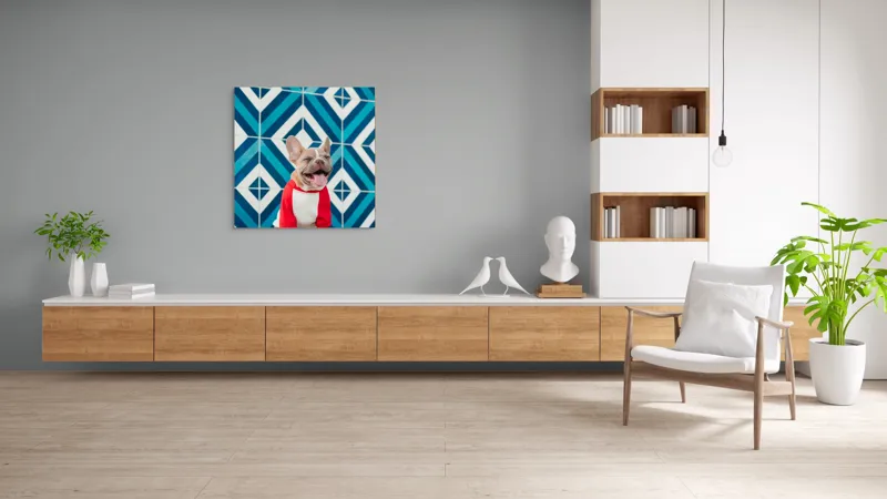 Tablou Canvas, "Căţel vesel în fața mozaicului albastru", Câine, Fericire, Bluza, Albastru, Model, Zâmbet, Fundal, Geometric, 100 x 100 cm – poza 8