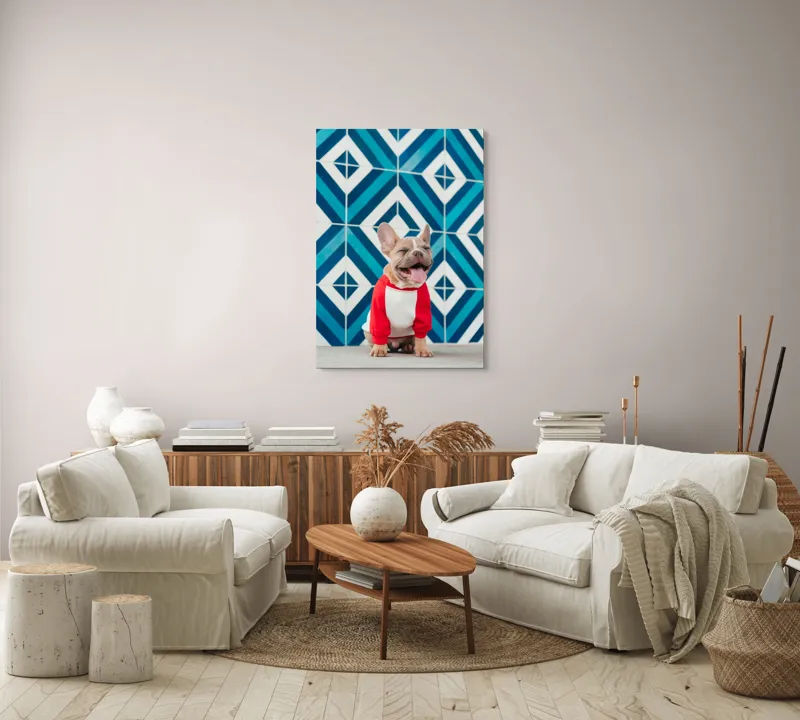 Tablou Canvas, "Căţel vesel în fața mozaicului albastru", Câine, Fericire, Bluza, Albastru, Model, Zâmbet, Fundal, Geometric, 70 x 100 cm – poza 4