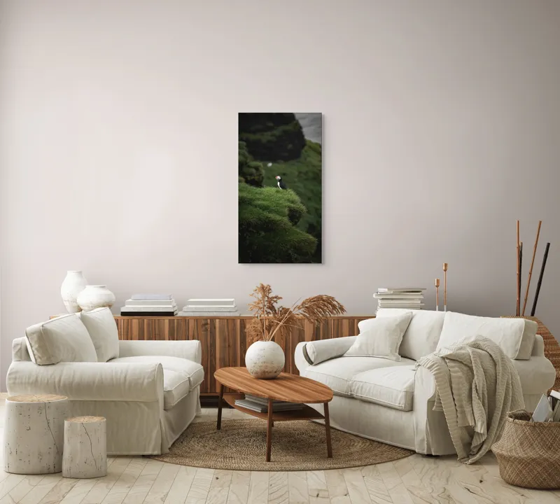 Tablou Canvas, "Papagalul de mare pe stâncă verde", Pufin, Stânci, Verdeață, Solitudine, Natură, Ocean, Serenitate, Sălbăticie, 50 x 90 cm – poza 7