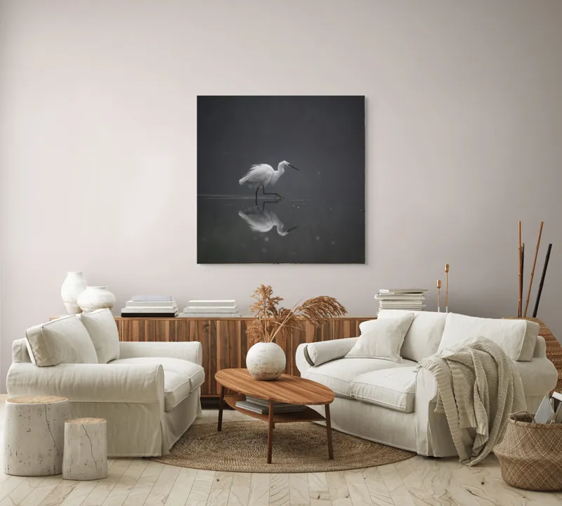 Tablou Canvas, "Egreta solitară în ceața dimineții", Egret, Eleganță, Reflexie, Apă, Ceață, Natură, Liniște, 100 x 100 cm – poza 3