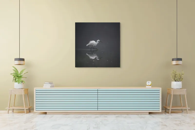 Tablou Canvas, "Egreta solitară în ceața dimineții", Egret, Eleganță, Reflexie, Apă, Ceață, Natură, Liniște, 100 x 100 cm – poza 5