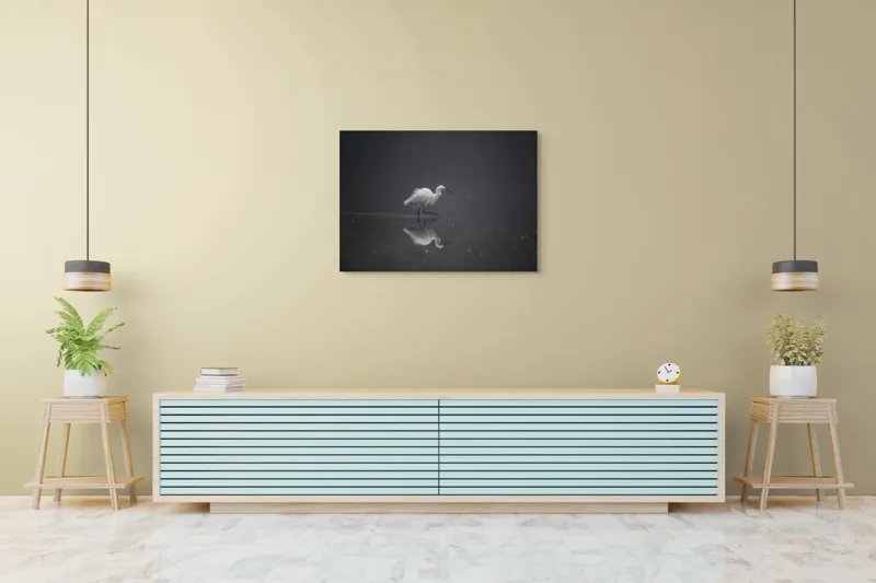 Tablou Canvas, "Egreta solitară în ceața dimineții", Egret, Eleganță, Reflexie, Apă, Ceață, Natură, Liniște, 100 x 70 cm – poza 4