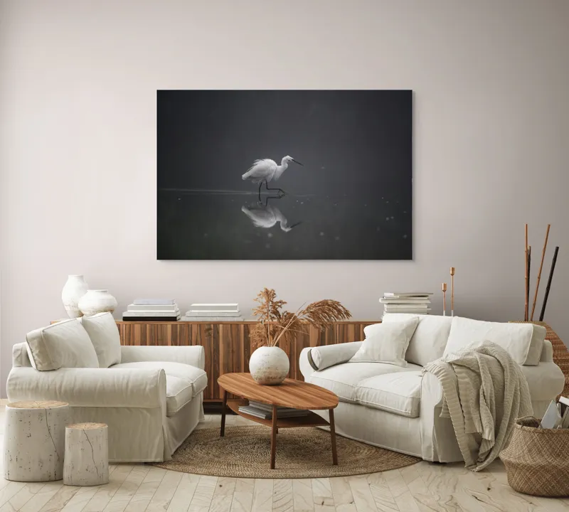 Tablou Canvas, "Egreta solitară în ceața dimineții", Egret, Eleganță, Reflexie, Apă, Ceață, Natură, Liniște, 150 x 100 cm – poza 3