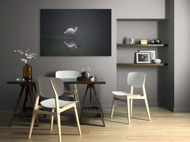 Tablou Canvas, "Egreta solitară în ceața dimineții", Egret, Eleganță, Reflexie, Apă, Ceață, Natură, Liniște, 150 x 100 cm – poza 5