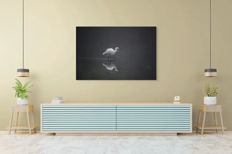 Tablou Canvas, "Egreta solitară în ceața dimineții", Egret, Eleganță, Reflexie, Apă, Ceață, Natură, Liniște, 150 x 100 cm – poza 6