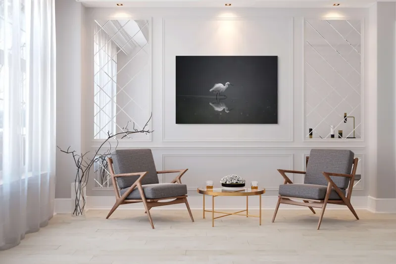 Tablou Canvas, "Egreta solitară în ceața dimineții", Egret, Eleganță, Reflexie, Apă, Ceață, Natură, Liniște, 150 x 100 cm – poza 7