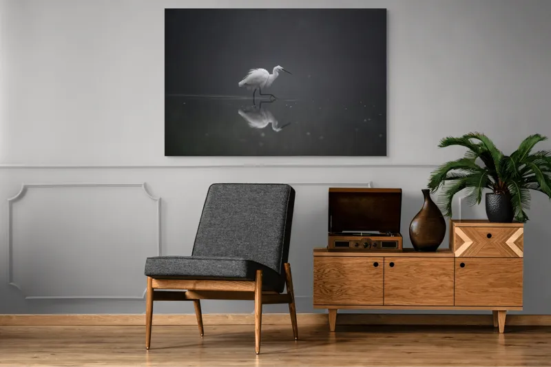 Tablou Canvas, "Egreta solitară în ceața dimineții", Egret, Eleganță, Reflexie, Apă, Ceață, Natură, Liniște, 150 x 100 cm – poza 8