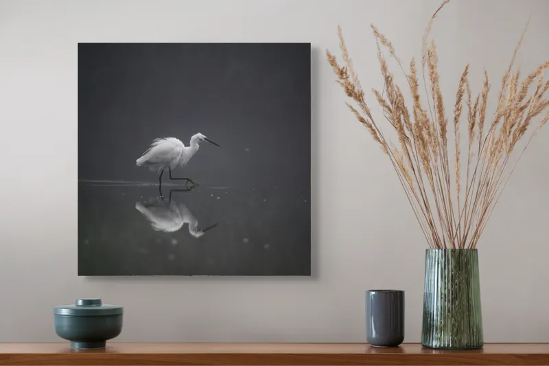 Tablou Canvas, "Egreta solitară în ceața dimineții", Egret, Eleganță, Reflexie, Apă, Ceață, Natură, Liniște, 50 x 50 cm – poza 4