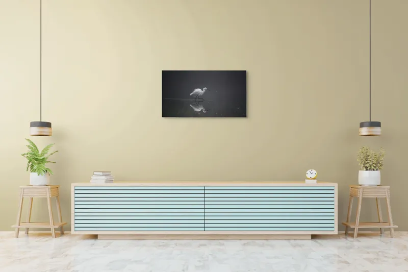 Tablou Canvas, "Egreta solitară în ceața dimineții", Egret, Eleganță, Reflexie, Apă, Ceață, Natură, Liniște, 90 x 50 cm – poza 5