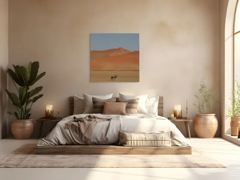 Tablou Canvas, "Oryx singur în deșertul arid", Deșert, Antilopă, Dune, Singurătate, Cer, Ariditate, Natură, Savană., 100 x 100 cm – poza 4