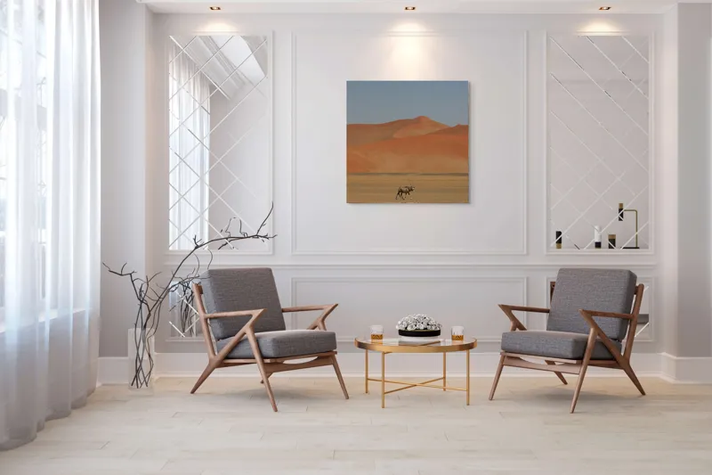 Tablou Canvas, "Oryx singur în deșertul arid", Deșert, Antilopă, Dune, Singurătate, Cer, Ariditate, Natură, Savană., 100 x 100 cm – poza 7