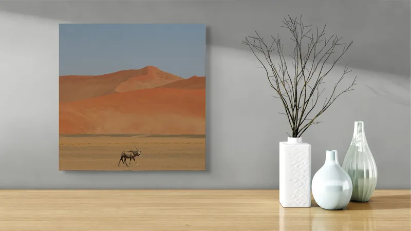Tablou Canvas, "Oryx singur în deșertul arid", Deșert, Antilopă, Dune, Singurătate, Cer, Ariditate, Natură, Savană., 50 x 50 cm – poza 3