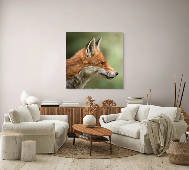 Tablou Canvas, "Vulpea privind orizontul verde", Roșu, Blană, Urechile, Privire, Pădure, Animal, Profil, Veveriță., 100 x 100 cm – poza 3