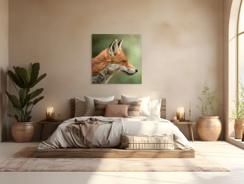 Tablou Canvas, "Vulpea privind orizontul verde", Roșu, Blană, Urechile, Privire, Pădure, Animal, Profil, Veveriță., 100 x 100 cm – poza 4