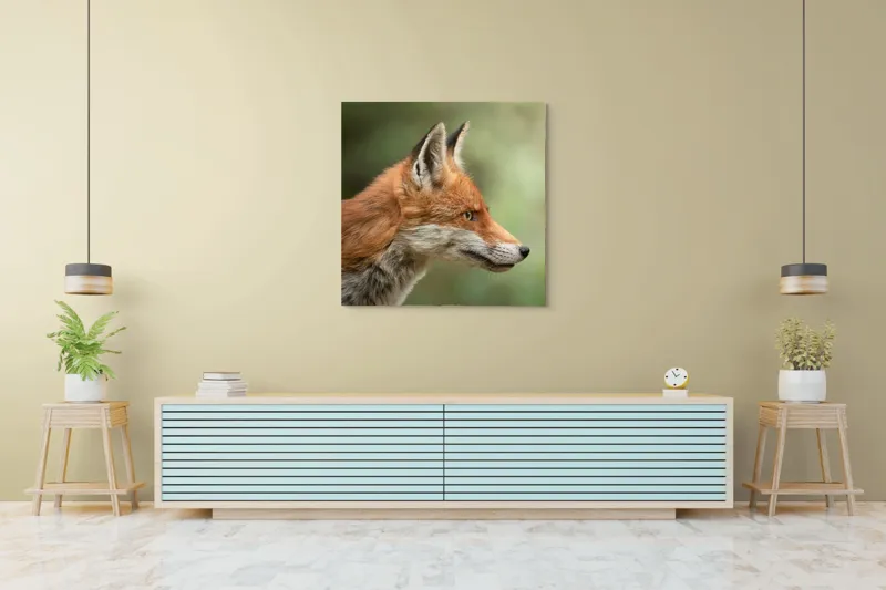 Tablou Canvas, "Vulpea privind orizontul verde", Roșu, Blană, Urechile, Privire, Pădure, Animal, Profil, Veveriță., 100 x 100 cm – poza 5