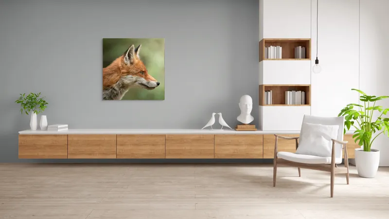 Tablou Canvas, "Vulpea privind orizontul verde", Roșu, Blană, Urechile, Privire, Pădure, Animal, Profil, Veveriță., 100 x 100 cm – poza 8