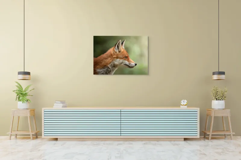 Tablou Canvas, "Vulpea privind orizontul verde", Roșu, Blană, Urechile, Privire, Pădure, Animal, Profil, Veveriță., 100 x 70 cm – poza 4