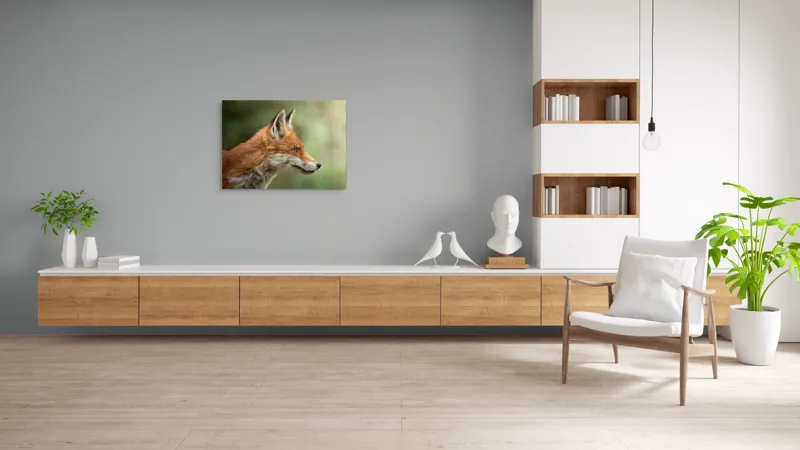 Tablou Canvas, "Vulpea privind orizontul verde", Roșu, Blană, Urechile, Privire, Pădure, Animal, Profil, Veveriță., 100 x 70 cm – poza 6