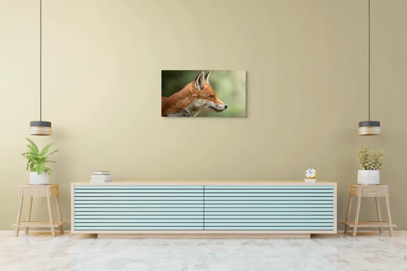 Tablou Canvas, "Vulpea privind orizontul verde", Roșu, Blană, Urechile, Privire, Pădure, Animal, Profil, Veveriță., 90 x 50 cm – poza 5