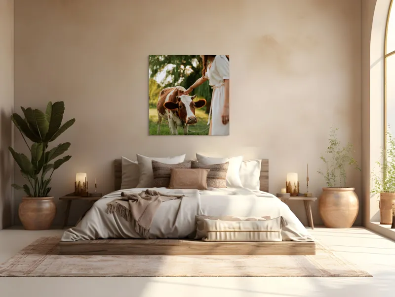 Tablou Canvas, "Nu știu cine este în fotografie.", Nu pot identifica persoanele din imagine, dar pot spune că este o scenă liniștită într-un peisaj rural, cu o vacă și o persoană interacționând., 100 x 100 cm – poza 4