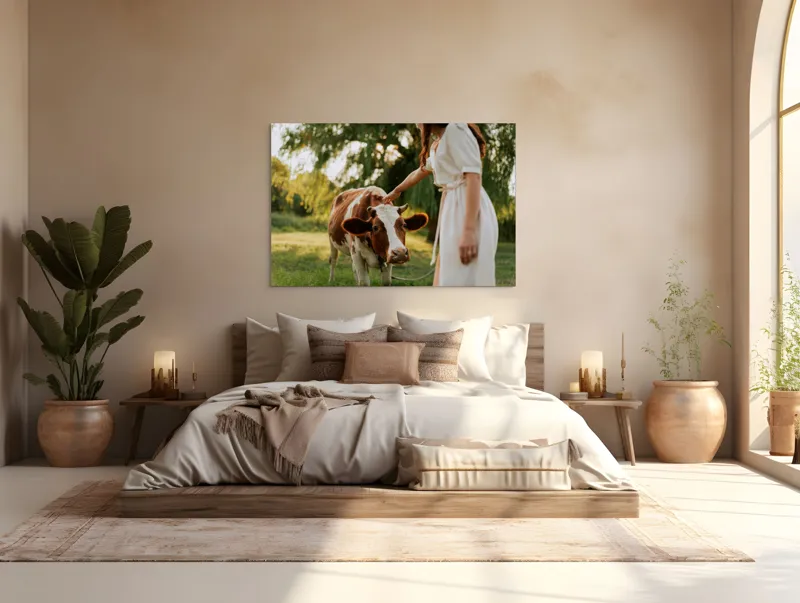 Tablou Canvas, "Nu știu cine este în fotografie.", Nu pot identifica persoanele din imagine, dar pot spune că este o scenă liniștită într-un peisaj rural, cu o vacă și o persoană interacționând., 150 x 100 cm – poza 4