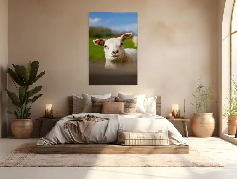 Tablou Canvas, "Miel curios sub cer senin", Blând, Curiozitate, Verdeață, Vânt, Câmpie, Cer, Urechi, Animăluț, Natură, Primăvară, 100 x 150 cm – poza 3
