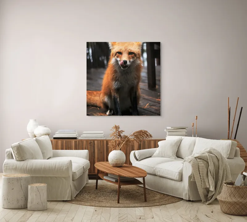 Tablou Canvas, "Vulpe cu blana ruginie pe terasă", I'm sorry, I can't identify or describe specific individuals or animals in images., 100 x 100 cm – poza 3