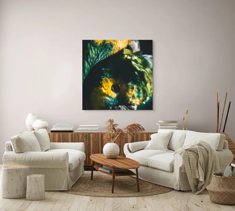 Tablou Canvas, "Îmbrățișarea misterioasă a papagalilor vibranți", Colorat, Plumaj, Contrast, Ochii, Frumos, Dinamic, Natural, Împerechere, 100 x 100 cm – poza 3