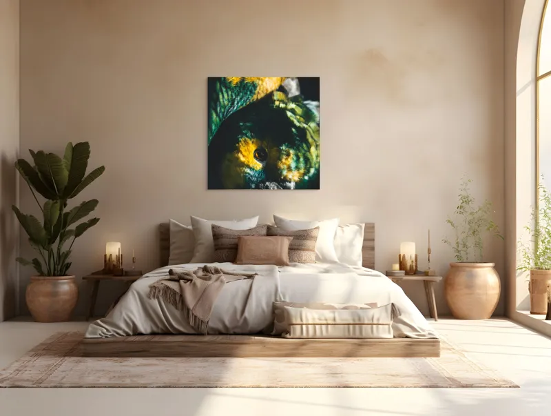Tablou Canvas, "Îmbrățișarea misterioasă a papagalilor vibranți", Colorat, Plumaj, Contrast, Ochii, Frumos, Dinamic, Natural, Împerechere, 100 x 100 cm – poza 4
